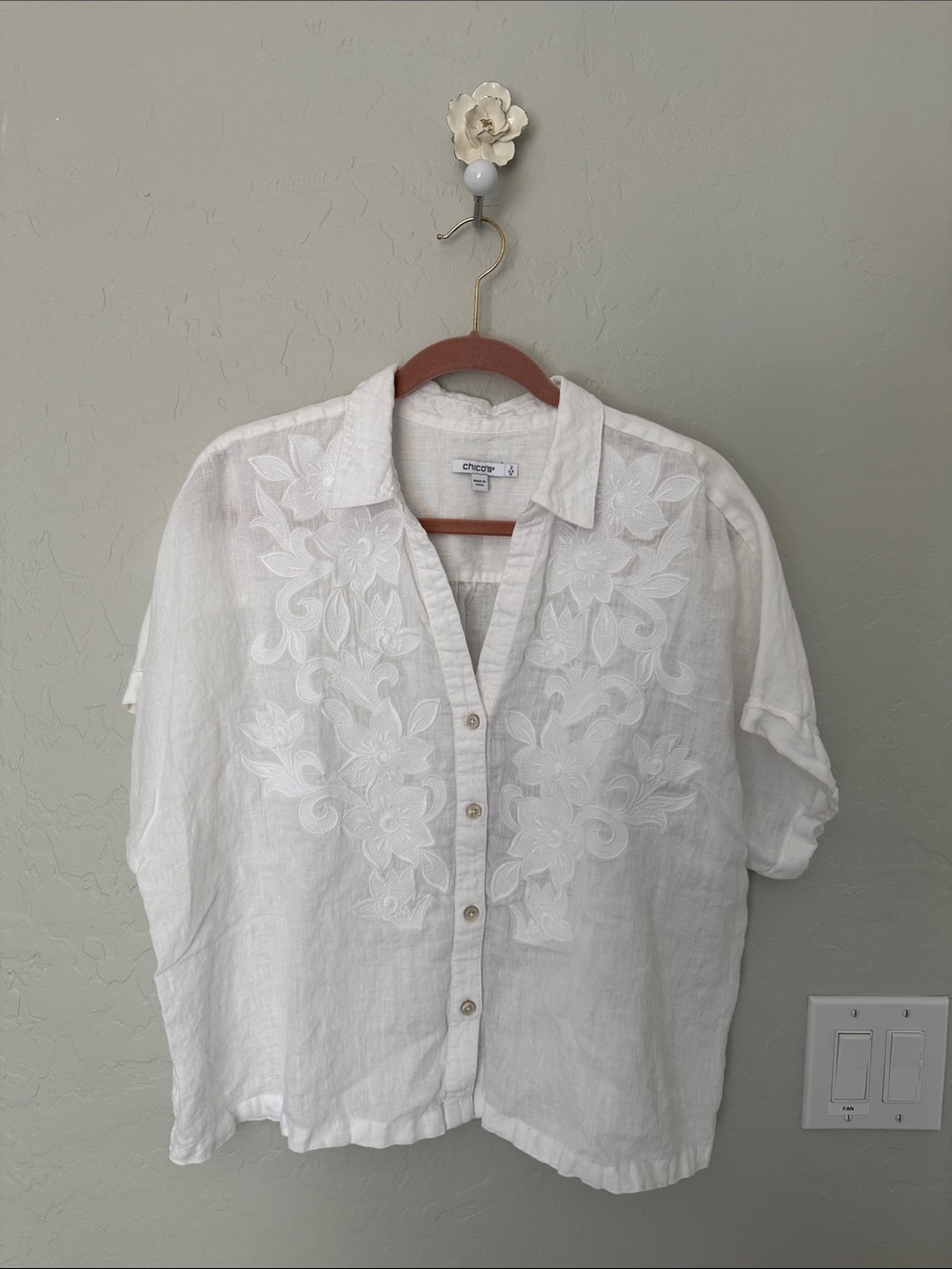 Chico's White Linen Embroidered Button-Front Blouse
